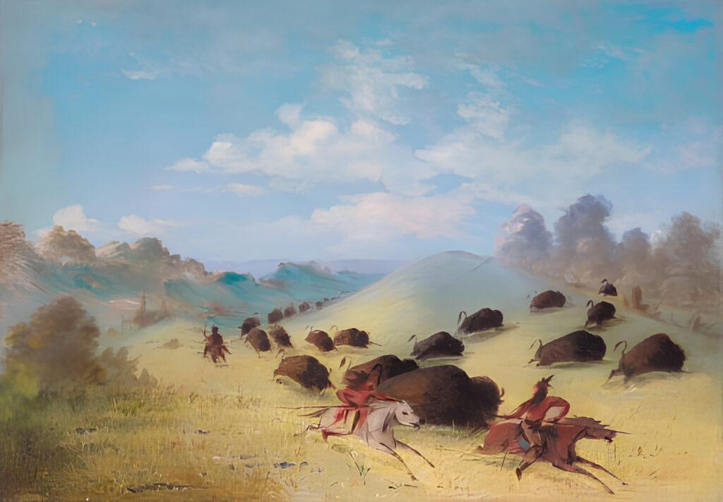 Comanche Indians Chasing Buffalo with Lances and Bows